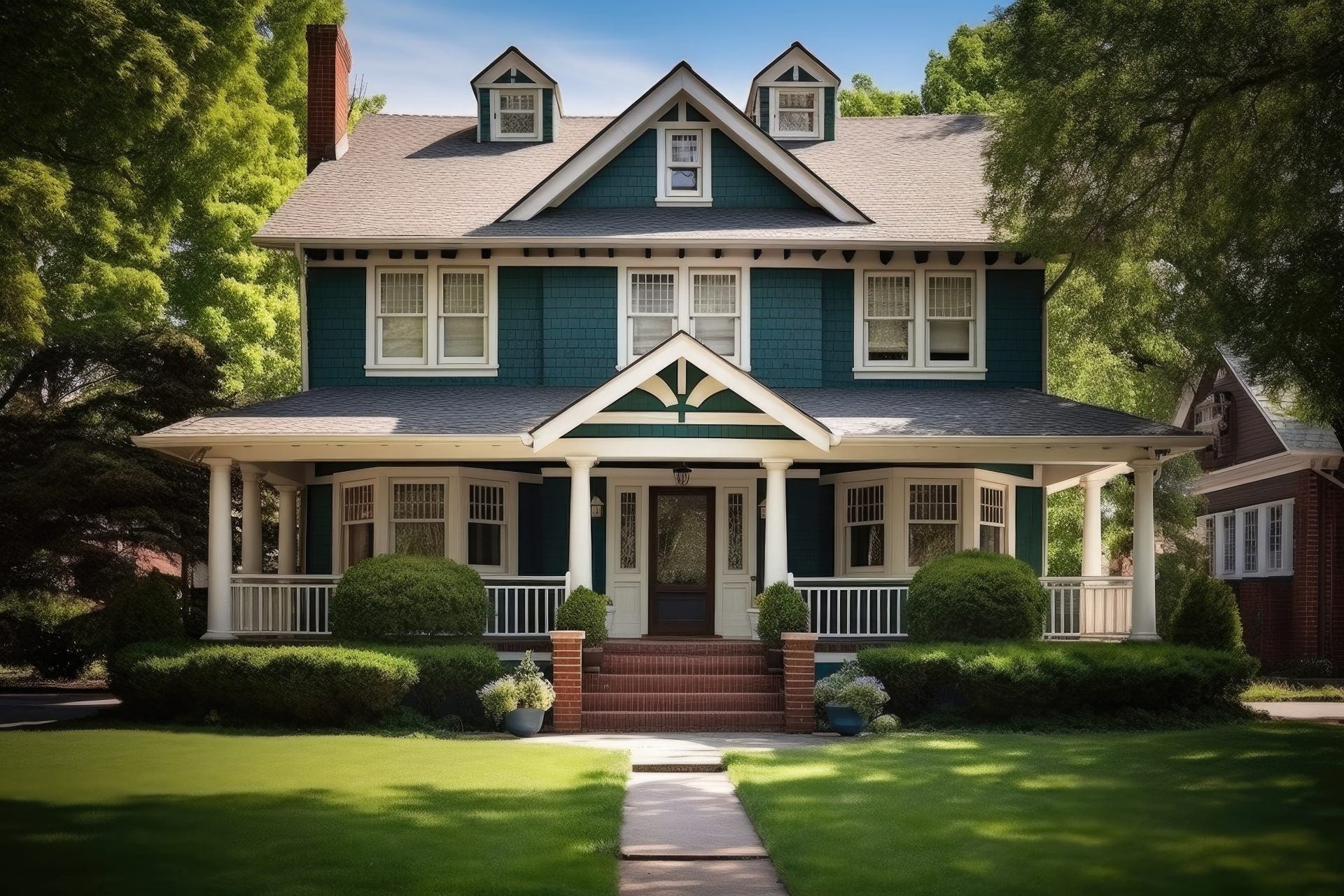 Two-story teal house with white trim, porch, and dormers, set in a lush green lawn on a sunny day.