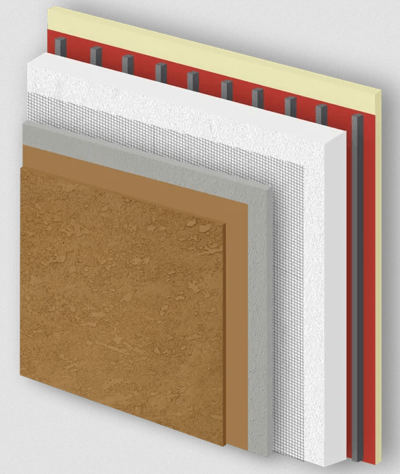 Cross Section showing layers of an Exterior Insulation Finishing System.