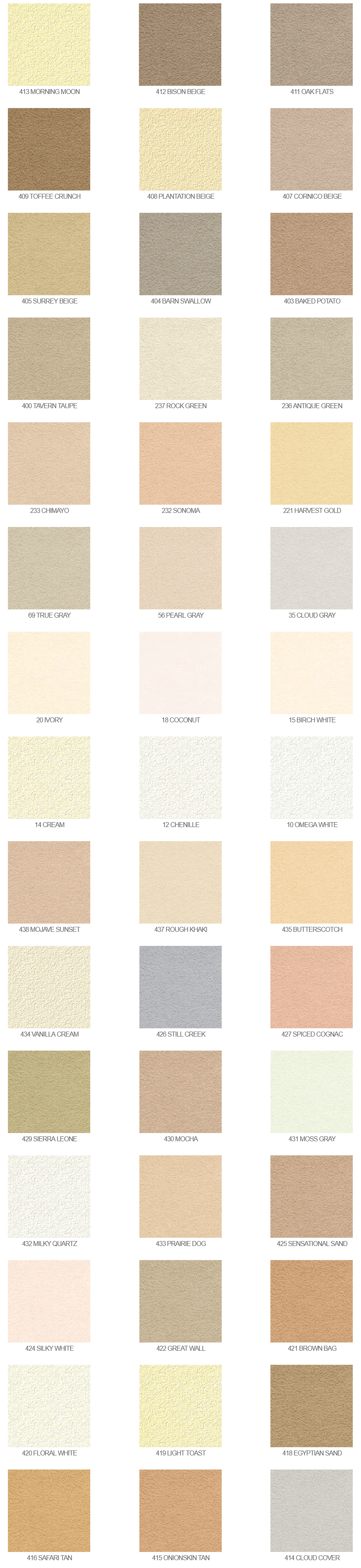 Photo with colour swatches of Hard Coat Stucco Options