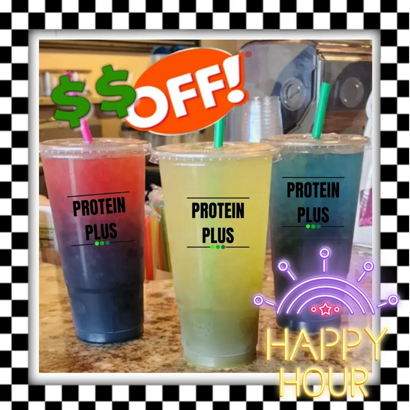 Three colorful Protein Plus drinks with an 