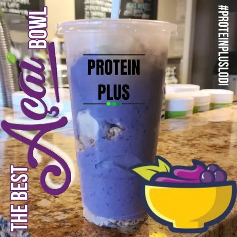 Acai bowl in a clear cup with Protein Plus branding; purple smoothie with granola.