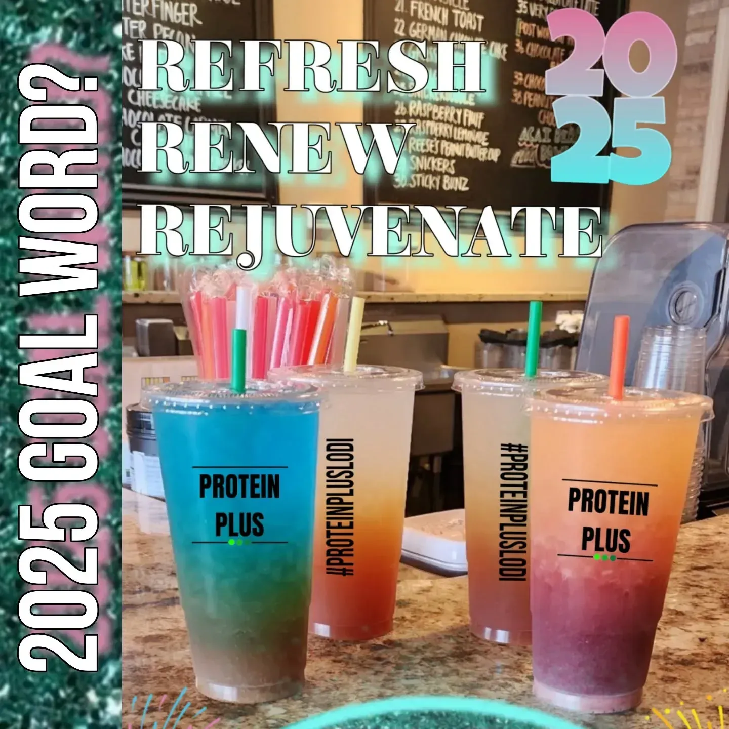 Colorful drinks in Protein Plus cups, with 