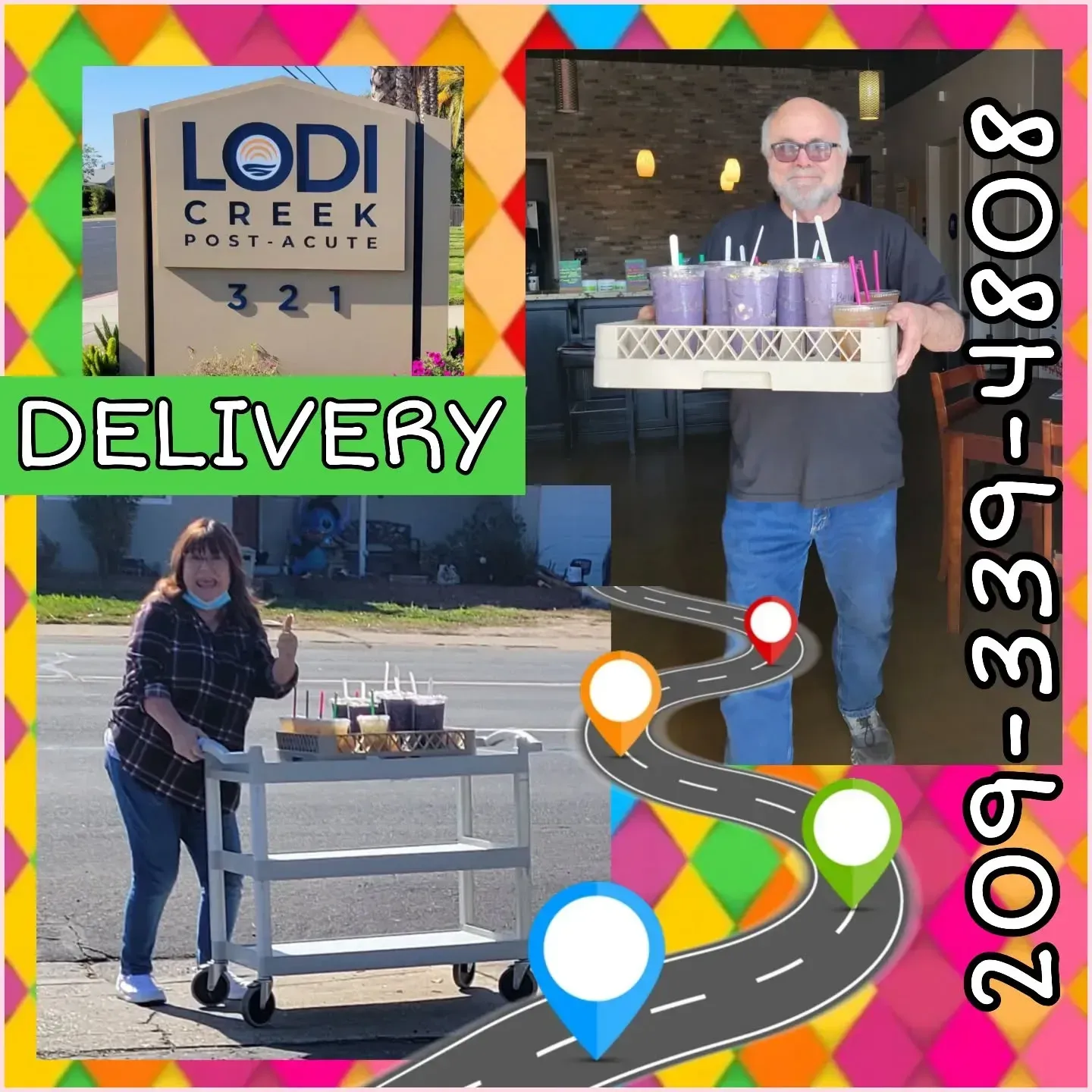 Delivery service. Woman & man delivering drinks to Lodi Creek Post Acute. Phone number 209-339-4808.