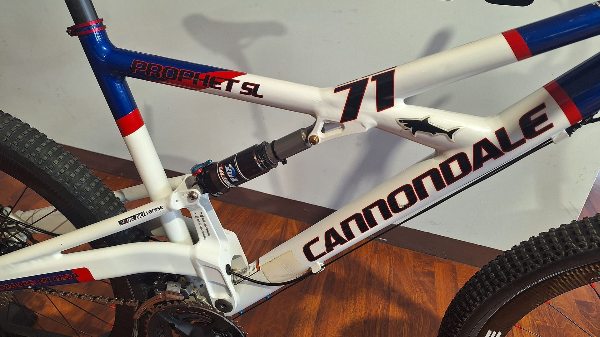 Una bicicletta cannondale è appoggiata su un pavimento di legno
