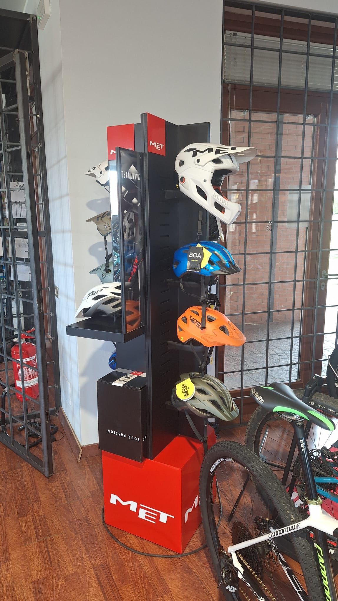 Un'esposizione di caschi da bicicletta in un negozio accanto a una bicicletta.