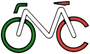 Un disegno di una bicicletta con una ruota verde e una ruota rossa.