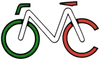 Un disegno di una bicicletta con una ruota verde e una ruota rossa.