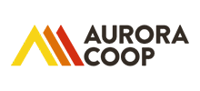 O logotipo da aurora coop é amarelo, vermelho e preto.