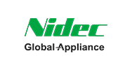 O logotipo global do aparelho nidec é verde e branco em um fundo branco.