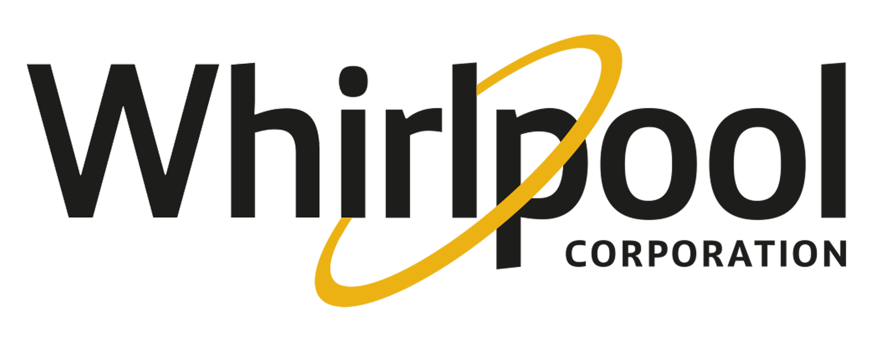 O logotipo da whirlpool corporation é preto e amarelo em um fundo branco.