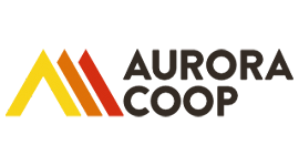O logotipo da aurora coop é amarelo e vermelho.