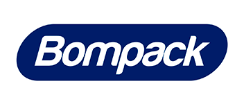 Um logotipo bompack azul e branco em um fundo branco