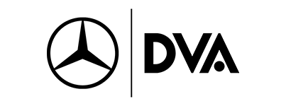 Um logotipo da mercedes benz está ao lado de um logotipo da dva em um fundo branco.