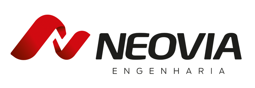 A red and black logo for neovia engenharia