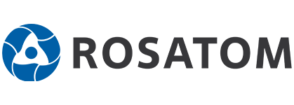 Um logotipo para a rosatom com um círculo azul e um triângulo branco