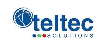 O logotipo da teltec solutions é azul e branco em um fundo branco.