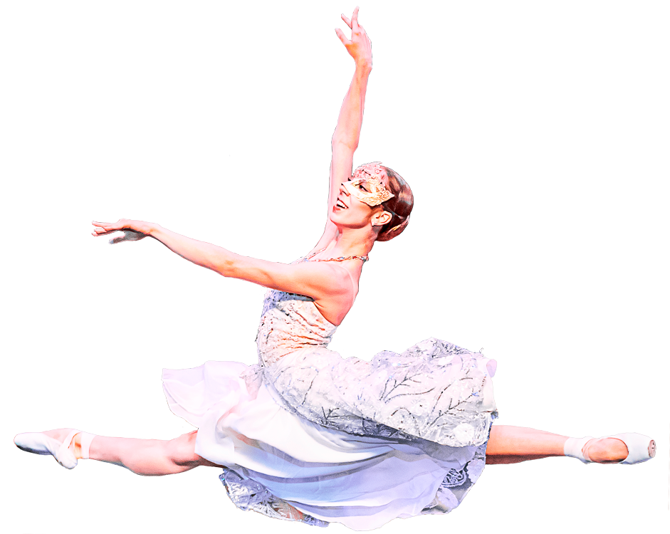 Uma bailarina de vestido branco está dançando sobre um fundo branco.
