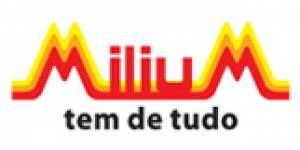 The logo for millium tem de tudo is red and yellow.
