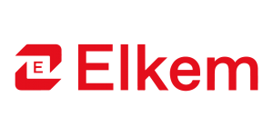 Um logotipo elkem vermelho e branco em um fundo branco