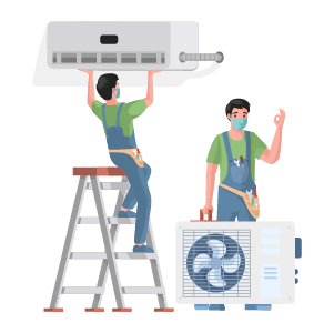 兩名戴著口罩的暖通空調技術人員正在安裝空調機組。