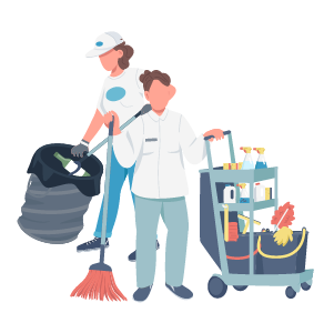 兩人打掃：一人掃地，一人推著清潔車，另一人拿著垃圾桶。