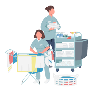 兩名身穿藍色制服的工人正在洗衣服：折疊毛巾、將衣服掛在晾衣架上、使用清潔車。