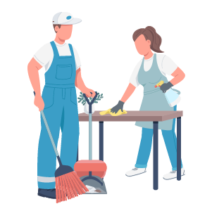 兩個人打掃：一個掃地，一個擦桌子。