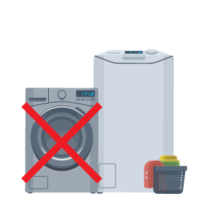 一台滾筒洗衣機，上面畫著一個紅色的「X」；旁邊還有一台波輪洗衣機和洗衣籃。