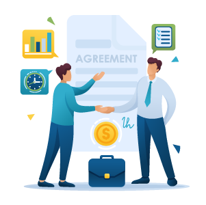兩名男子在協議文件、金幣、公事包、圖表和鐘錶前握手。