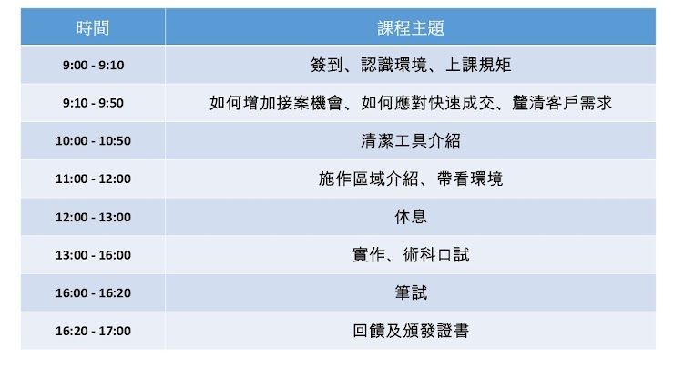 行程表：訓練主題、時間、報名、客戶需求、工具、場地、練習、測驗、回饋。