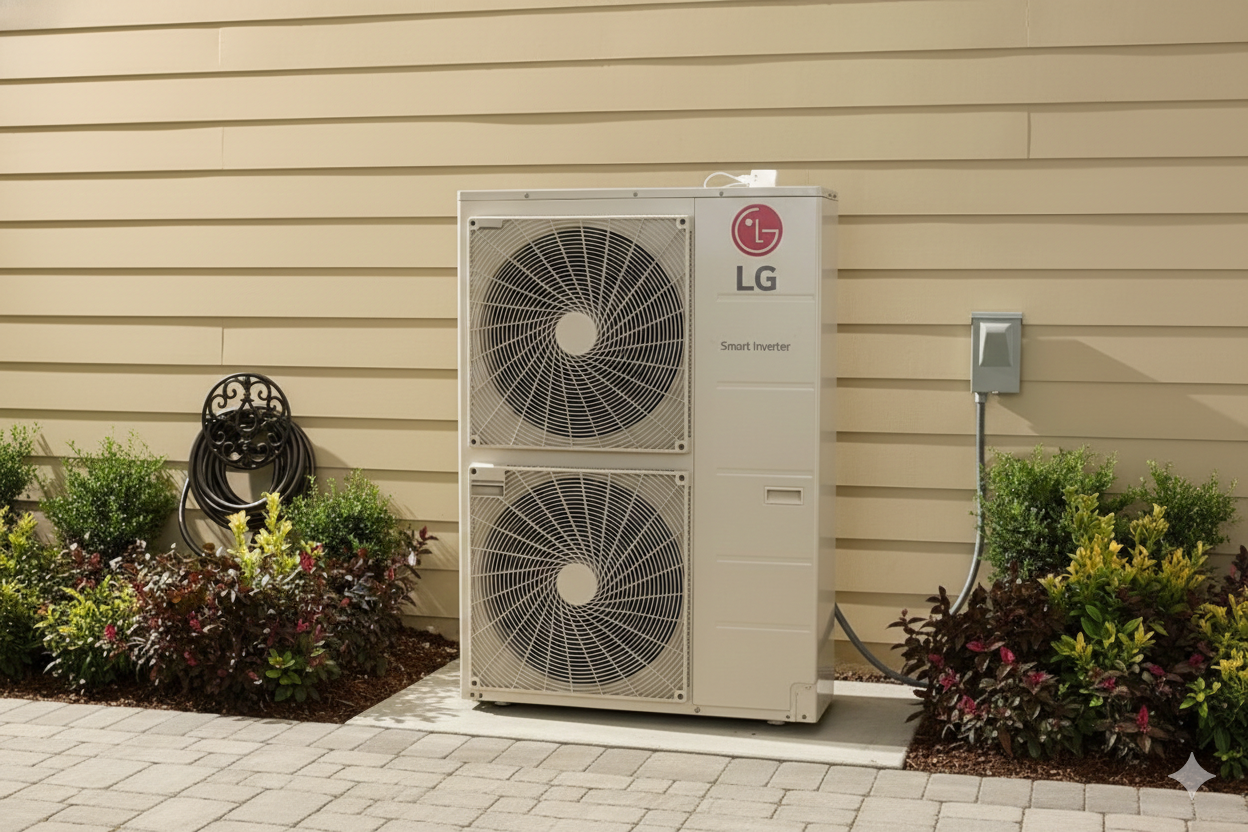 LG Pro air conditioning unit next to a beige house, with shrubs and an electrical outlet nearby.