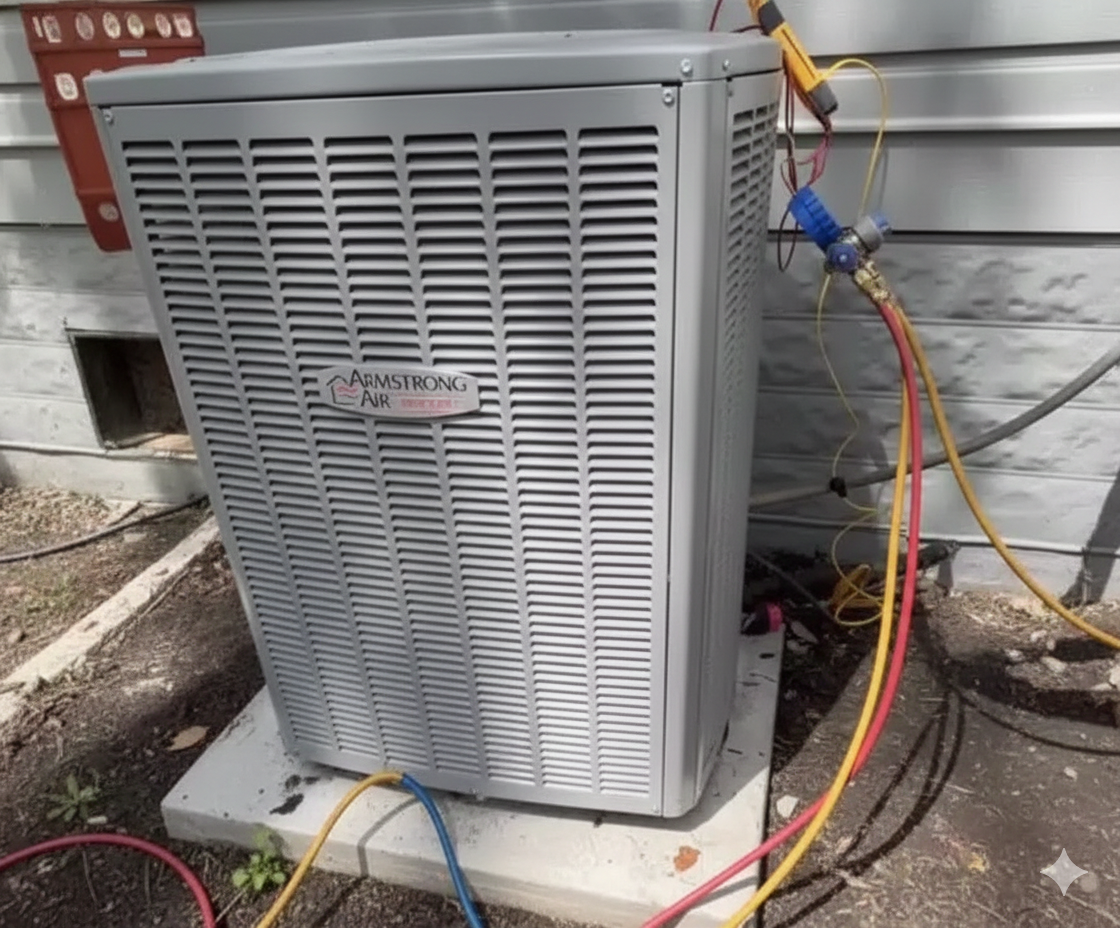 An outdoor air conditioning unit with gauges connected, on a concrete pad next to a wall.