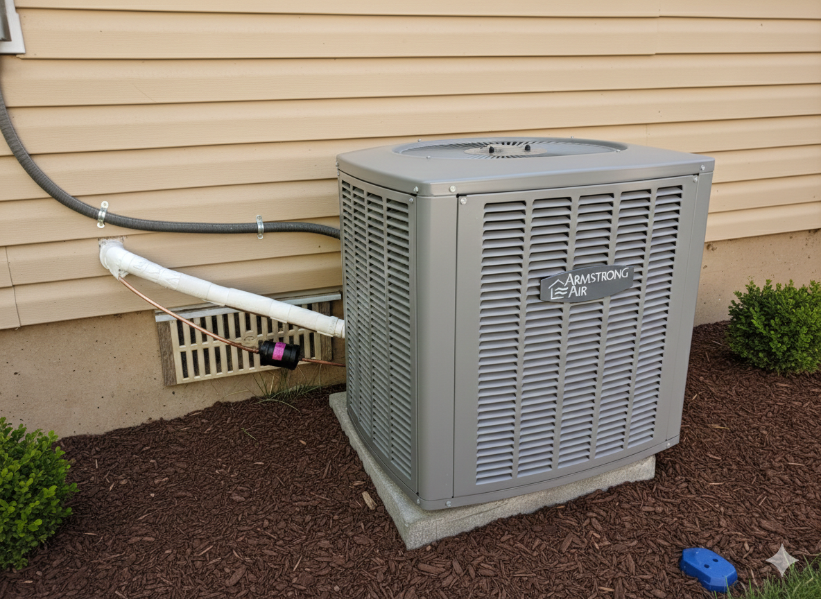 Gray air conditioning unit outside a tan house with brown mulch and bushes.