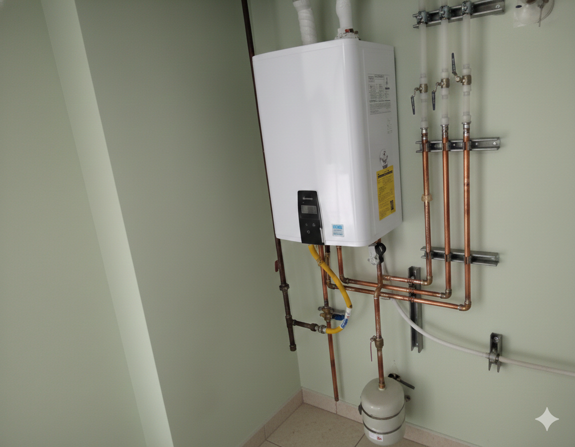 White tankless water heater mounted on a pale green wall with copper pipes.