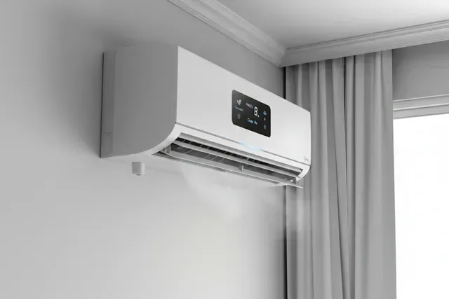 White tankless water heater mounted on a pale green wall with copper pipes.