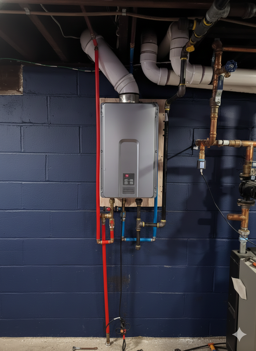 Tankless water heater installed on a blue brick wall with red and blue pipes and a gray vent.