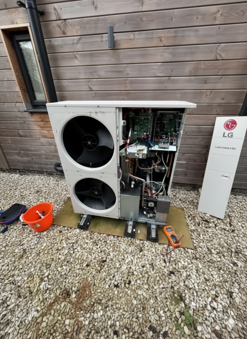 Opened heat pump unit, exposing internal components, next to a building.