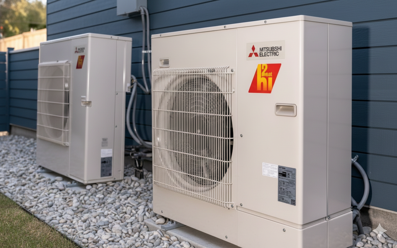 Two Mitsubishi HVAC units outside a blue-sided building on a gravel bed.