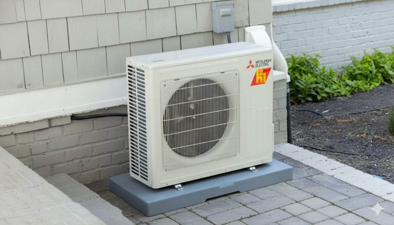 Mitsubishi heat pump unit sitting on a gray pad next to a house.