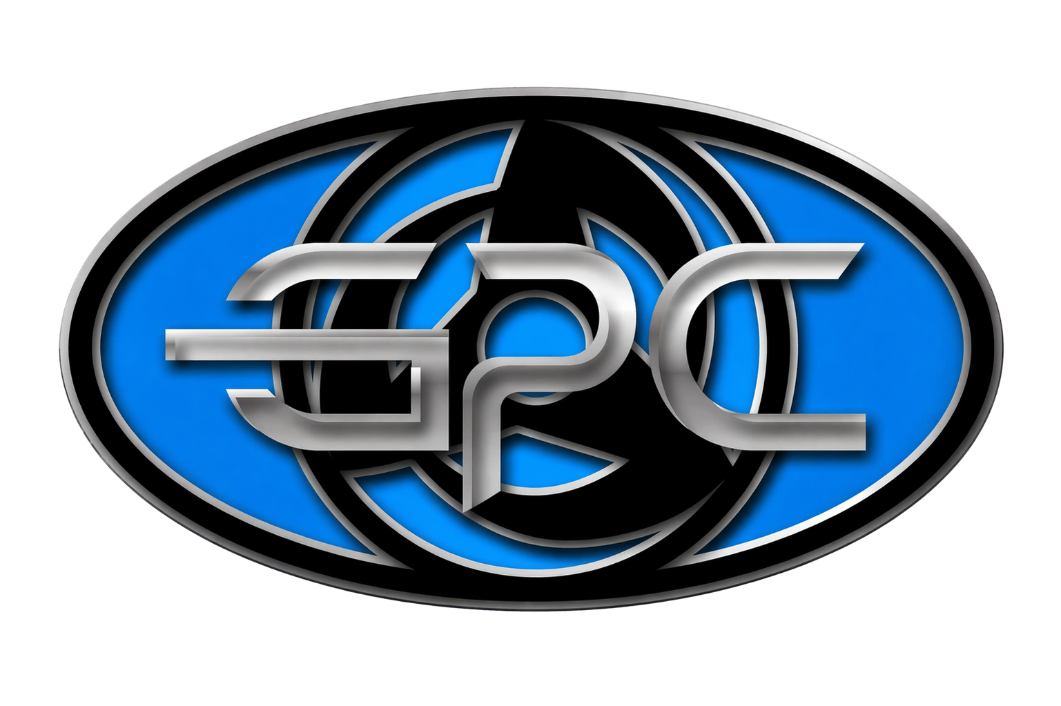 Silver metallic "SPC" logo set against a black circular emblem with a stylized, tri-blade design, encased in an oval.