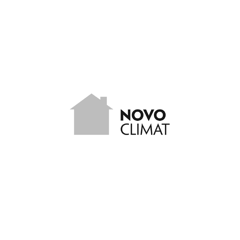 Un logo noir et blanc pour novo climat avec une maison sur fond blanc.