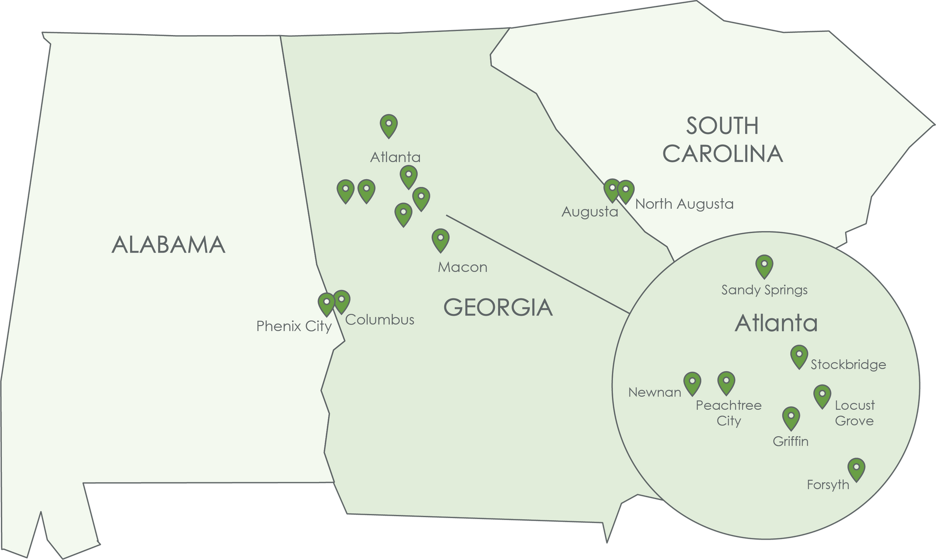 A map of WWE offices in Alabama, Georgia, and South Carolina