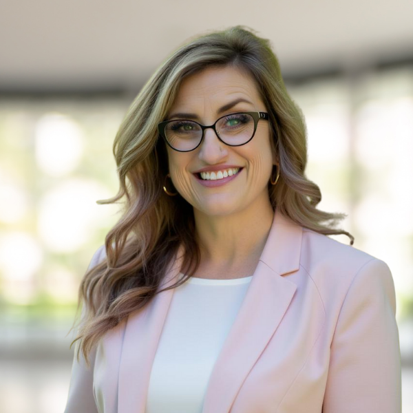 Woman with glasses smiles, wearing a pink blazer and white shirt.