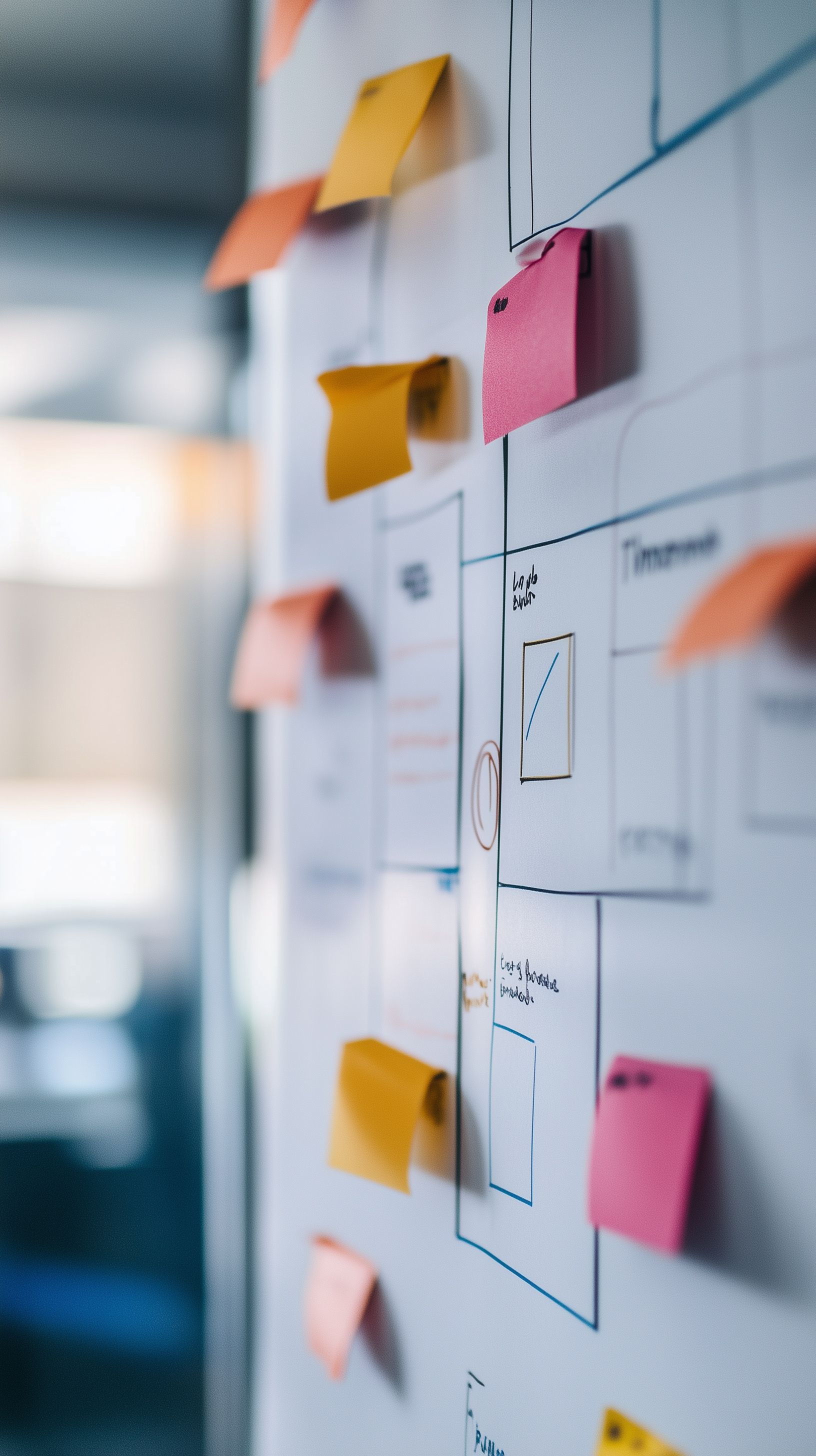 Whiteboard with sticky notes showing a design layout, indoors, workspace, close-up.