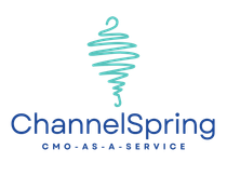 Logo for ChannelSpring: teal spiral above dark blue text 