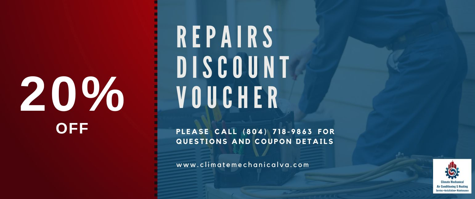 A 20 % off repairs discount voucher with a picture of a man working on a machine.