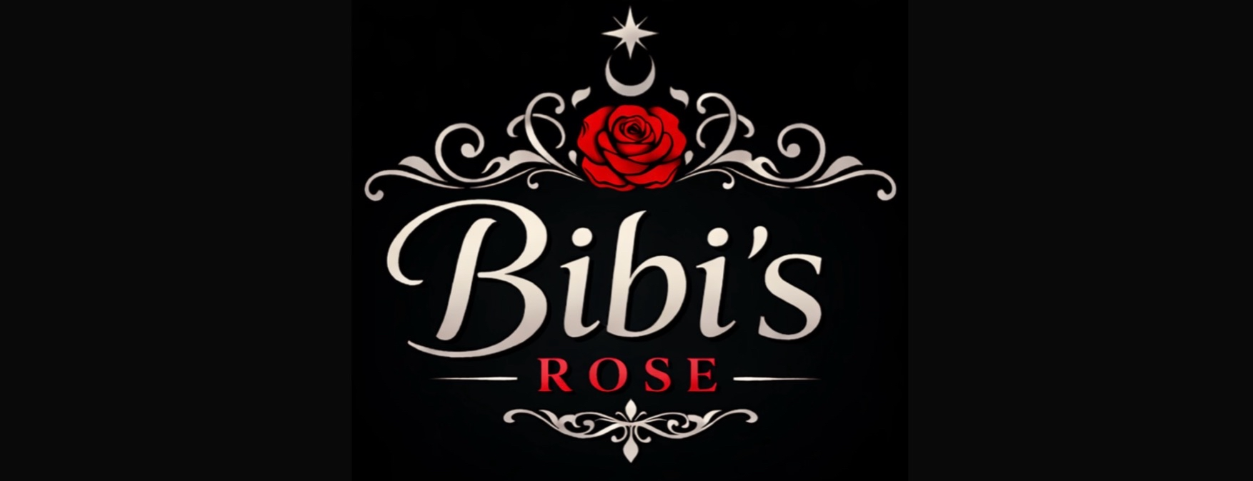 Logo: "Bibi's Rose" met een rode roos en een sierlijk zilveren ontwerp op een zwarte achtergrond.