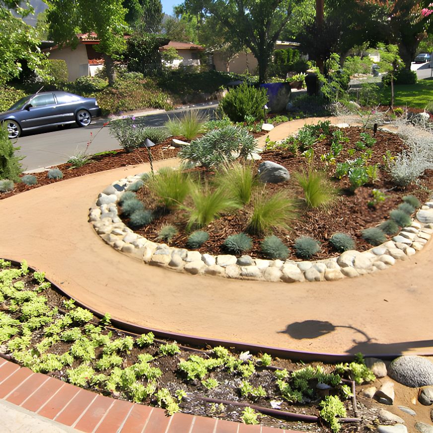 Cama de jardín ajardinada con borde de piedra y plantas tolerantes a la sequía.