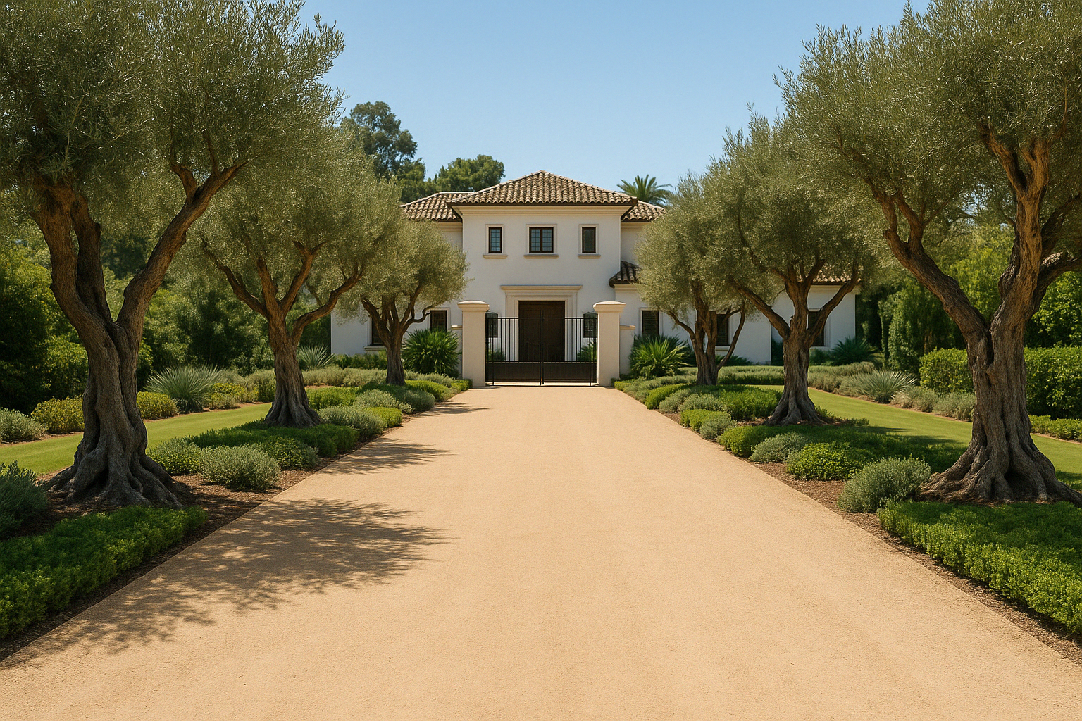 Un largo camino de entrada conduce a una casa blanca con árboles a los lados. Día soleado.