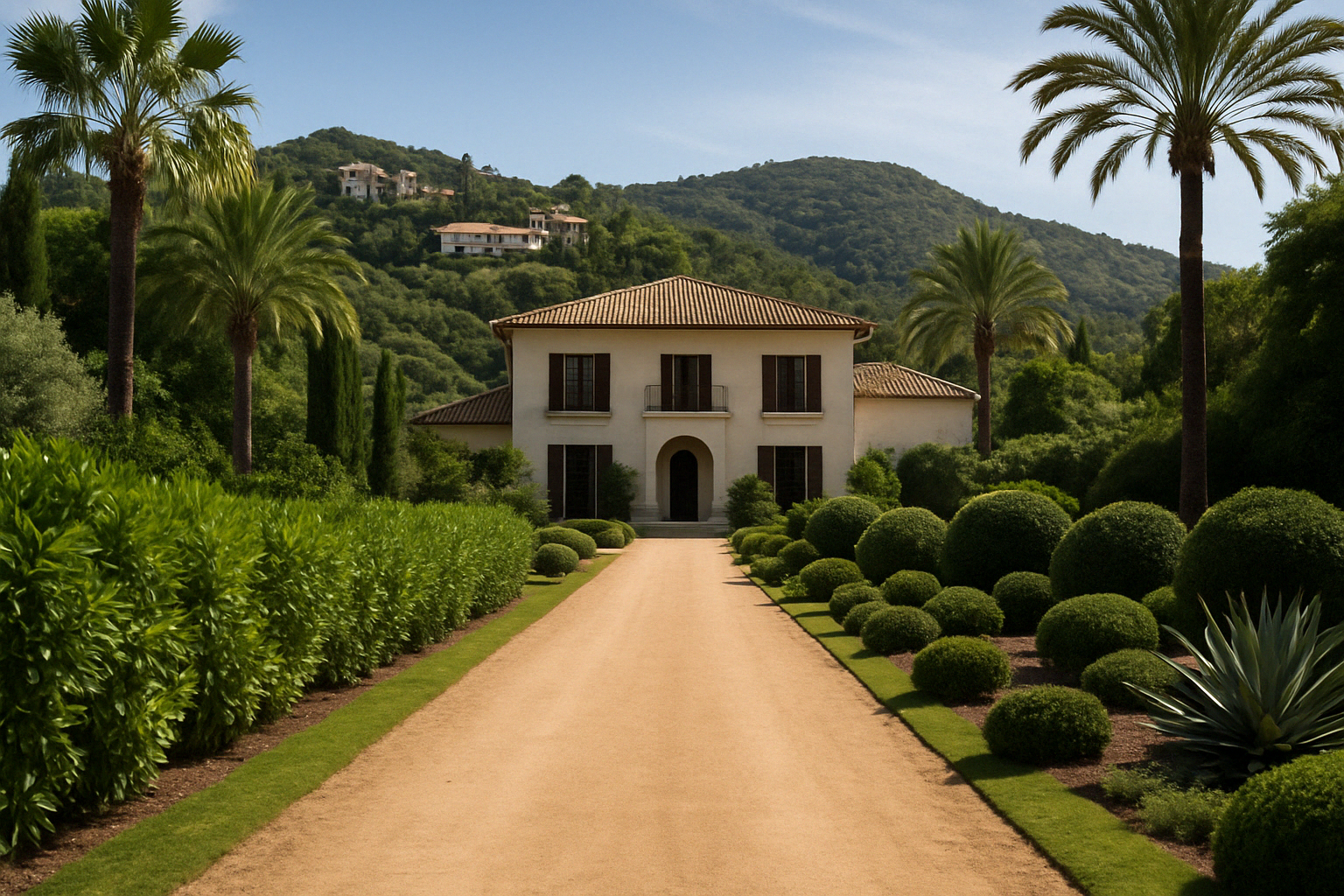 Largo camino de grava que conduce a una gran casa blanca en una ladera, con jardines cuidados y palmeras.